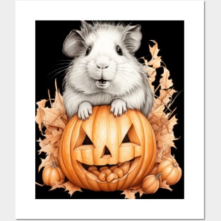 Cute Halloween Guinea Pig With Pumpkin Funny Halloween Gifts For Guinea Pigs Lover Posters and Art